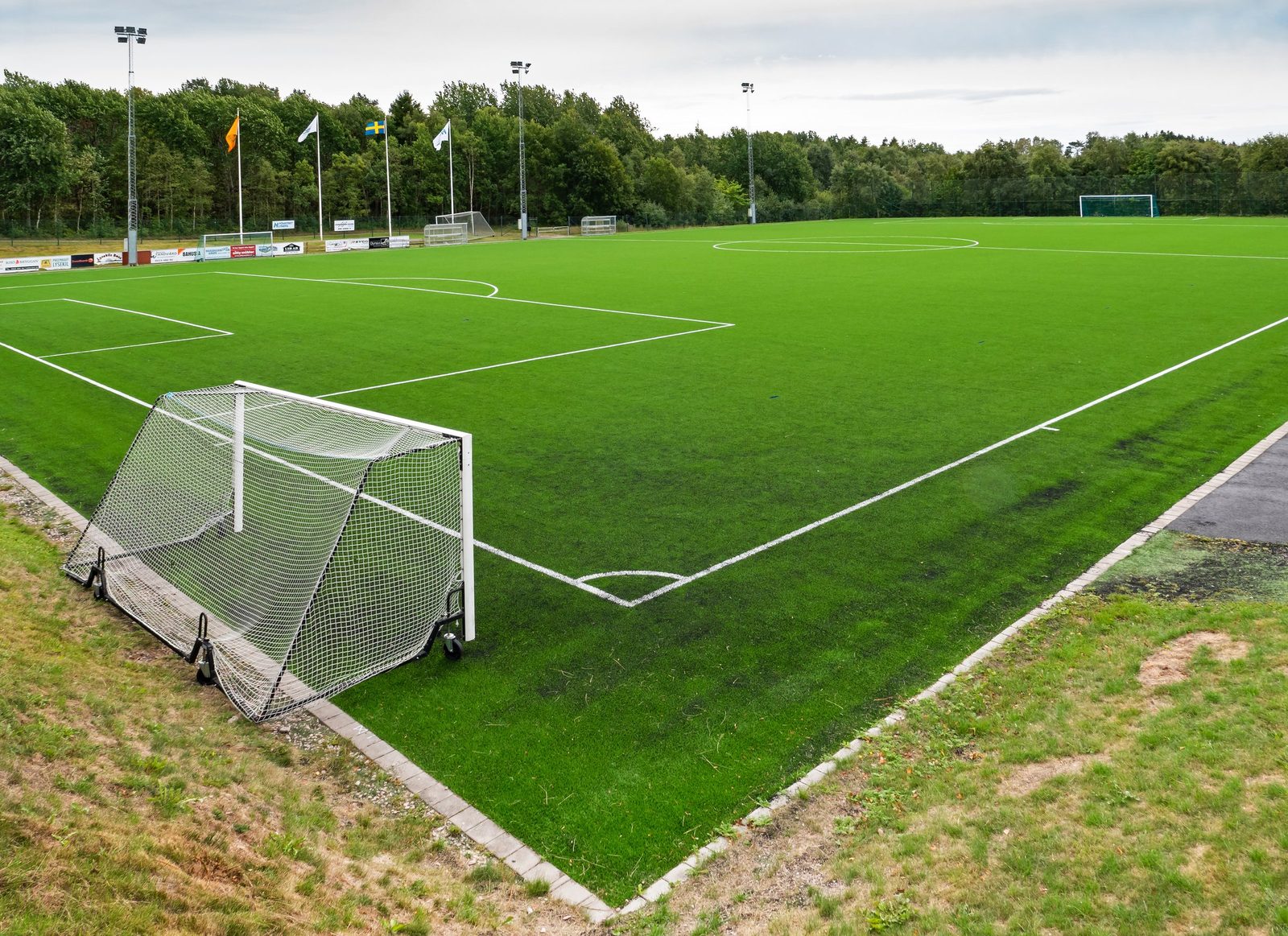 Cancha de césped sintético con un arco en el primer plano